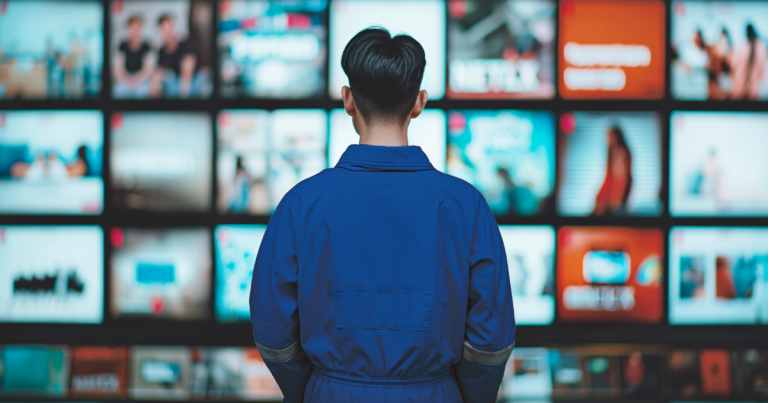crew member looking at wall of video titles